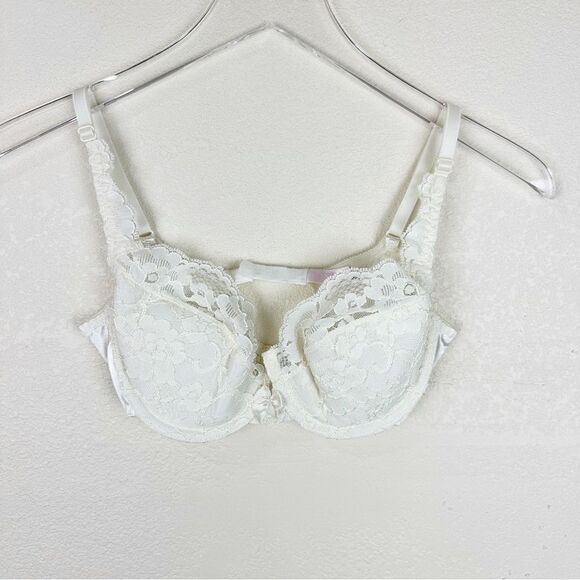 Victorias Secret Vintage Ivory Satin Push Up Bra 80s Bow 34C - Picture 1 of 8